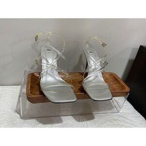 ZARA Clear Strap Square Toe Stiletto Heel Sandals Silver‎ Metallic Women Size 37